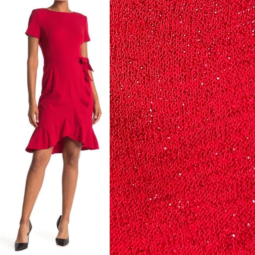 NWT Calvin Klein Faux Wrap Glitter-Knit Belted Ruffle Hem Short-Sleeved Dress 6